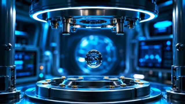 A futuristic lab environment featuring a levitating sphere, surrounded by advanced technology and glowing blue accents.