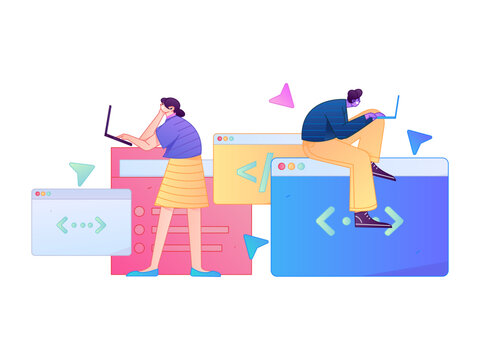 Programming teaching development flat character vector concept operation hand drawn illustration
