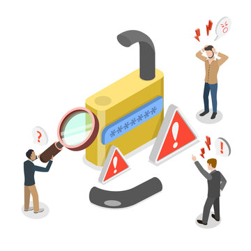 3D Isometric Flat  Illustration of Data Breach, Alert, Password Compromised And Exposed