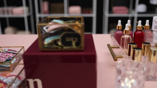 Empty makeup testers on a table