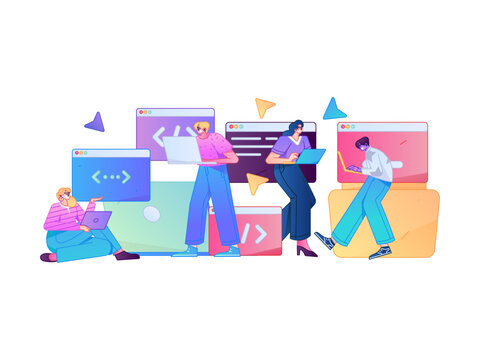 Programming teaching development flat character vector concept operation hand drawn illustration
