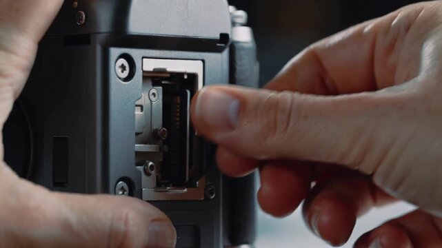 Opening card compartment, operator hands aligning and sliding SD card into camera, preparing camera