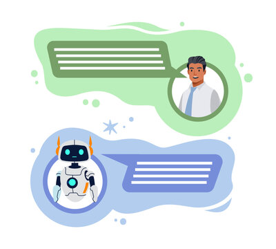 AI chatbot and human communication. Conversational interface, virtual assistant, customer support and automated messaging, online robotic help service, vector cartoon isolated concept