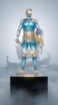 Celestial Translucent Sea Blue Crystal Mythic Hero Of Argonauts Of Aegea Levitating Above Obsidian Pedestal
