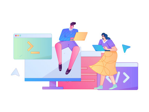 Programming teaching development flat character vector concept operation hand drawn illustration

