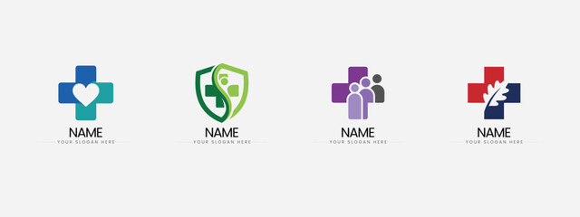 Fototapeta premium Collection of medical cross logos with heart leaf and human figures, healthcare