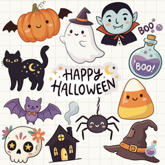 Fototapeta premium Cute Halloween Sticker Set with Ghost, Vampire, Pumpkin, and Magic Potion.