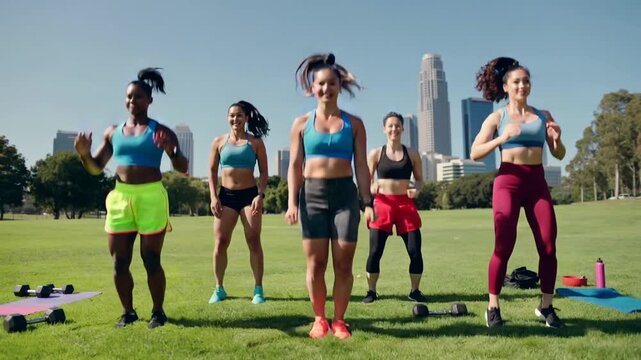 Leading center starting hop, guiding five women squatting on park lawn for workout, sportswear mats