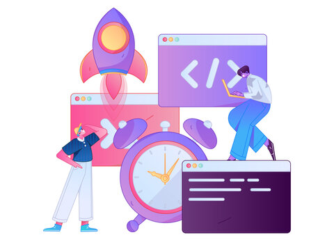 Programming teaching development flat character vector concept operation hand drawn illustration
