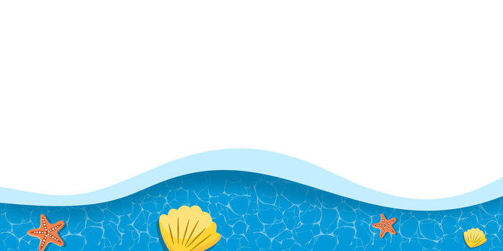 Summer sea wave border with large lifebuoy and seashells