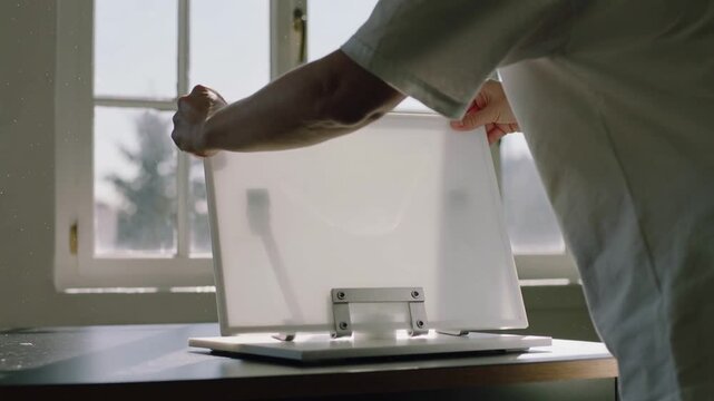 Reaching right, person in pale shirt lifting frosted panel at window, securing hinges