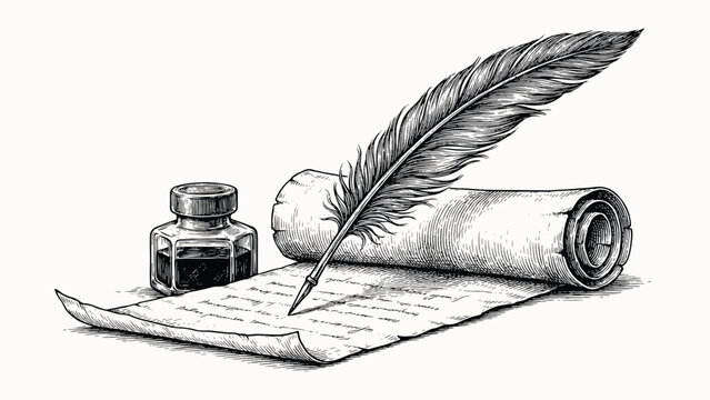 Vintage feather quill pen and inkwell on rolled parchment paper