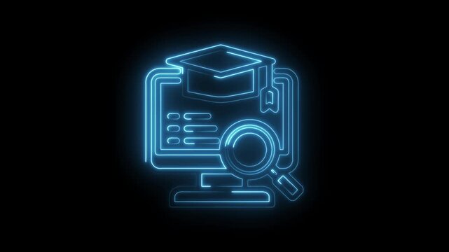 Glowing blue neon outline of graduation cap on computer screen with magnifying glass and... icon