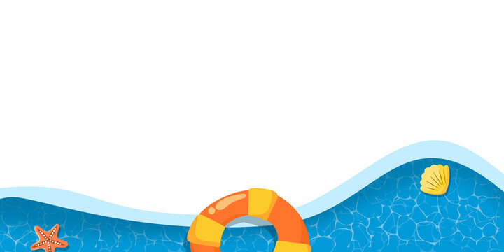 Summer sea wave border with starfish and seashell on white background