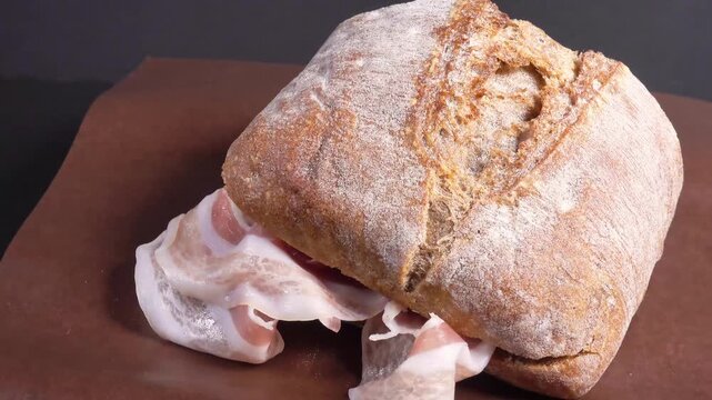 ciabatta sandwich with sliced ham, on paper, rotating