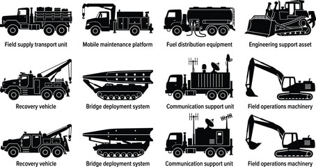 Obraz premium Military logistics vehicles and tactical engineering machinery silhouette icons set for combat support and field operations
