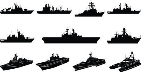 Military warships and naval vessels silhouettes icons set for maritime defense and ocean warfare concepts © MdAsikul