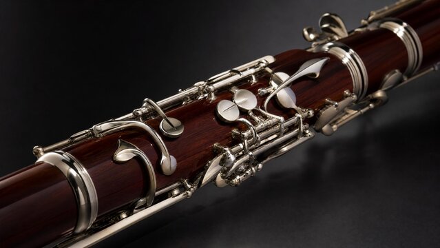 A dark wood bassoon with silver keys, showcasing its elegant curves in a close-up view.