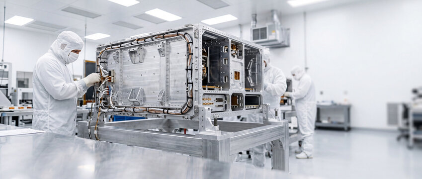 Engineers in cleanroom assembling satellite components in high-tech aerospace manufacturing laboratory with precision
