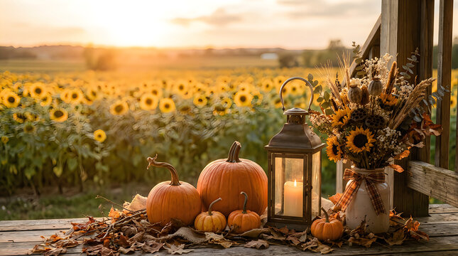 Autumn harvest scene with pumpkins and sunflower field
