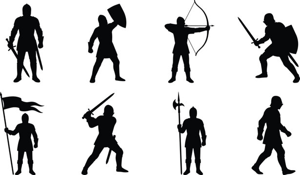 Medieval knight and warrior silhouette icons set for historical gaming fantasy and military history concepts
