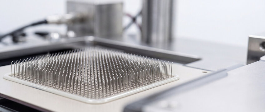 Electronics test fixture bed of nails pin array for pcb testing and quality control close-up