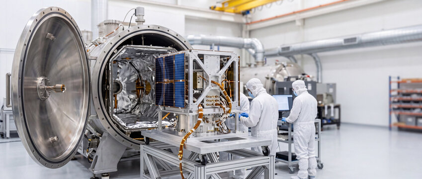 Engineers testing cube satellite inside vacuum chamber in cleanroom laboratory with solar panels and equipment
