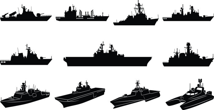 Military warships and naval vessels silhouettes icons set for maritime defense and ocean warfare concepts