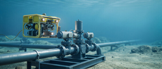 Fototapeta premium Underwater remotely operated vehicle inspecting a subsea pipeline valve on the ocean floor, capturing detailed footage for oil and gas infrastructure maintenance and corrosion monitoring
