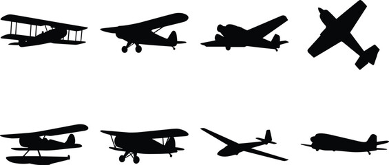 Vintage airplane and light aircraft silhouette icons set for retro aviation and pilot training concepts © MdAsikul