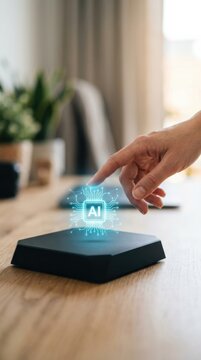 Woman finger touching virtual AI icon hologram projecting above dark base. Digital transformation and smart home control concept. Innovative robotics technology for business automation.