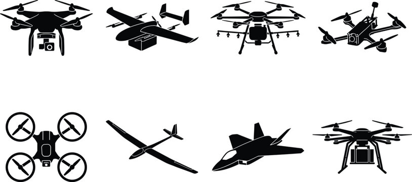 Unmanned aerial vehicle and drone silhouette icons set for modern aviation, technology, and delivery concepts