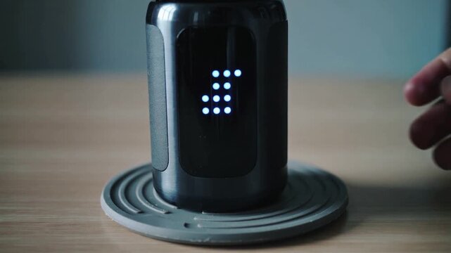Placing right hand lowering black cylinder device onto wooden coaster, testing front LED pattern