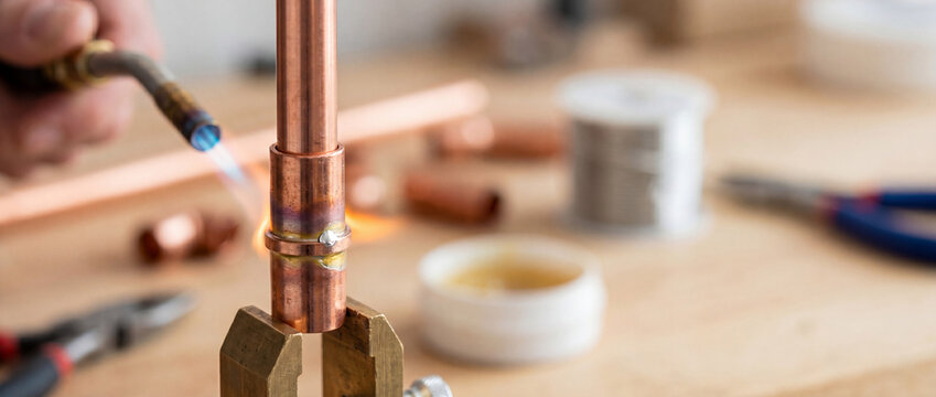 Plumber brazing copper pipe with torch during plumbing repair and soldering installation