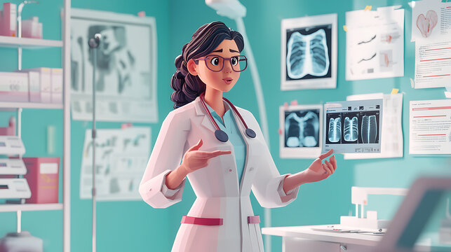 Female doctor explains medical charts in a hospital office with a computer