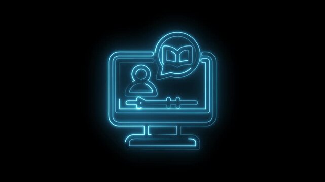 Glowing blue neon icon of a computer screen displaying a person icon within a video player