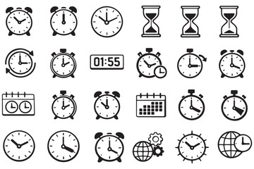 Fototapeta premium Time line icons set. Timer, alarm clock, wristwatch, smart watch, hourglass, schedule calendar vector illustration. Outline signs about notification. Editable Strok 