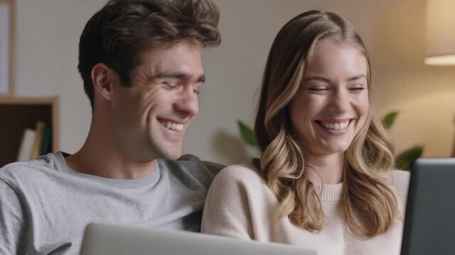 Reacting to laptop, couple exchanging glances and laughing on couch, grey tee and cream sweater