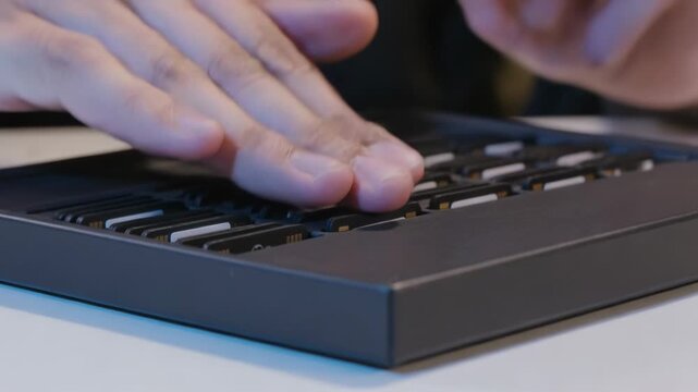 Holding microSD above slot, hands with dark sleeve inserting cards into reader at table for backup