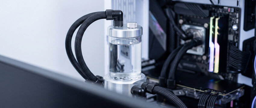 High-performance gaming pc with custom liquid cooling loop and rgb memory inside open case