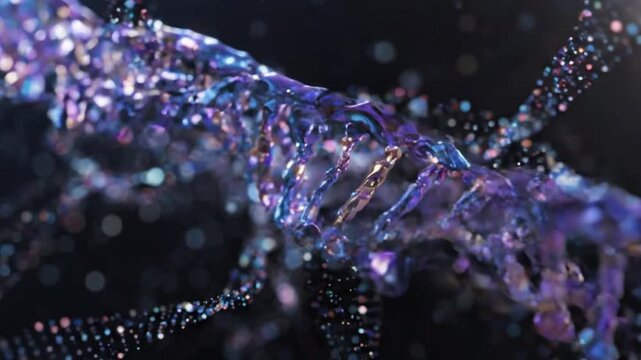 Floating helix structure model made of glowing liquid metal particles.