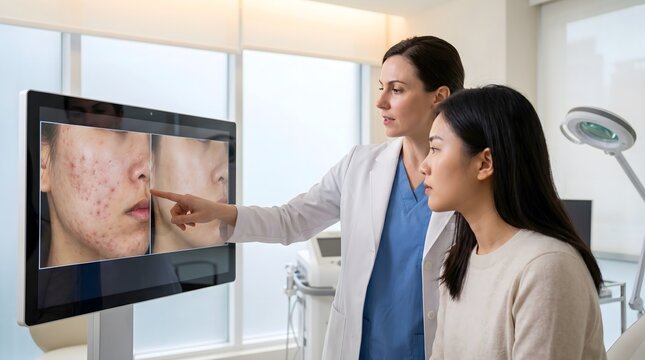 Female doctor showing digital skin analysis to patient with severe acne rosacea on monitor