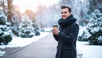 Fototapeta premium Man in winter coat holding steaming coffee cup in snowy park