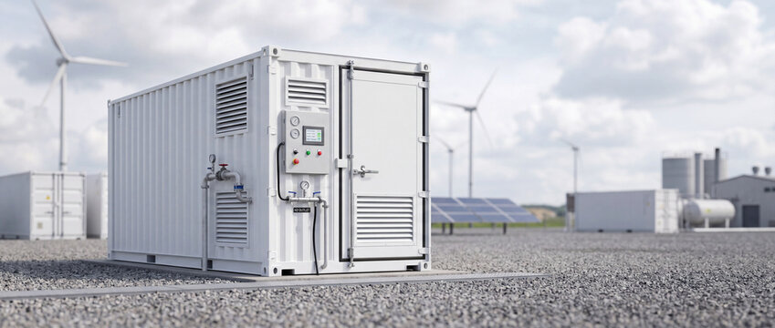 Modular energy storage container at renewable energy site with wind turbines and solar panels