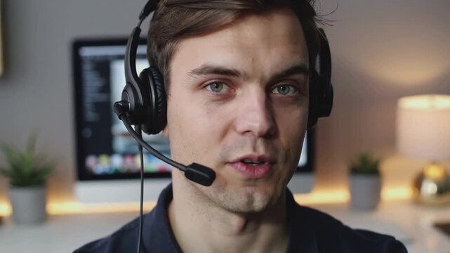 Speaking adult male in dark polo with headset, mouth starting and delivering support at home office