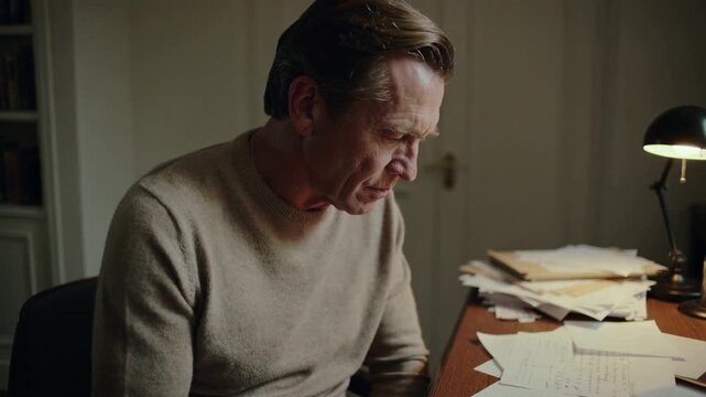 Seeing sheet, man in tan sweater leaning, studying papers at home desk to understand with lamp