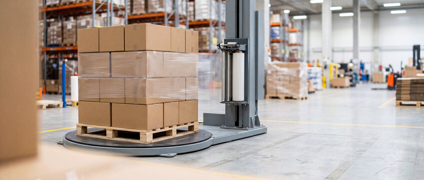 Stacked cardboard boxes on a pallet being wrapped by an automated stretch wrap machine in warehouse logistics