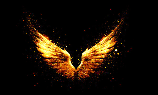 Majestic golden angel wings formed by countless glowing light particles expand across a dark void to create a powerful and mystical visual representation of celestial energy and divine freedom.
