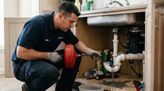 A male plumber removes a blockage from a kitchen sink pipe using a drain snake auger on a clogged PVC trap. The scene highlights home plumbing repair work.