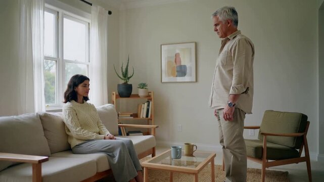 After brief pause, seated woman and senior man discussing plans in living room with two mugs